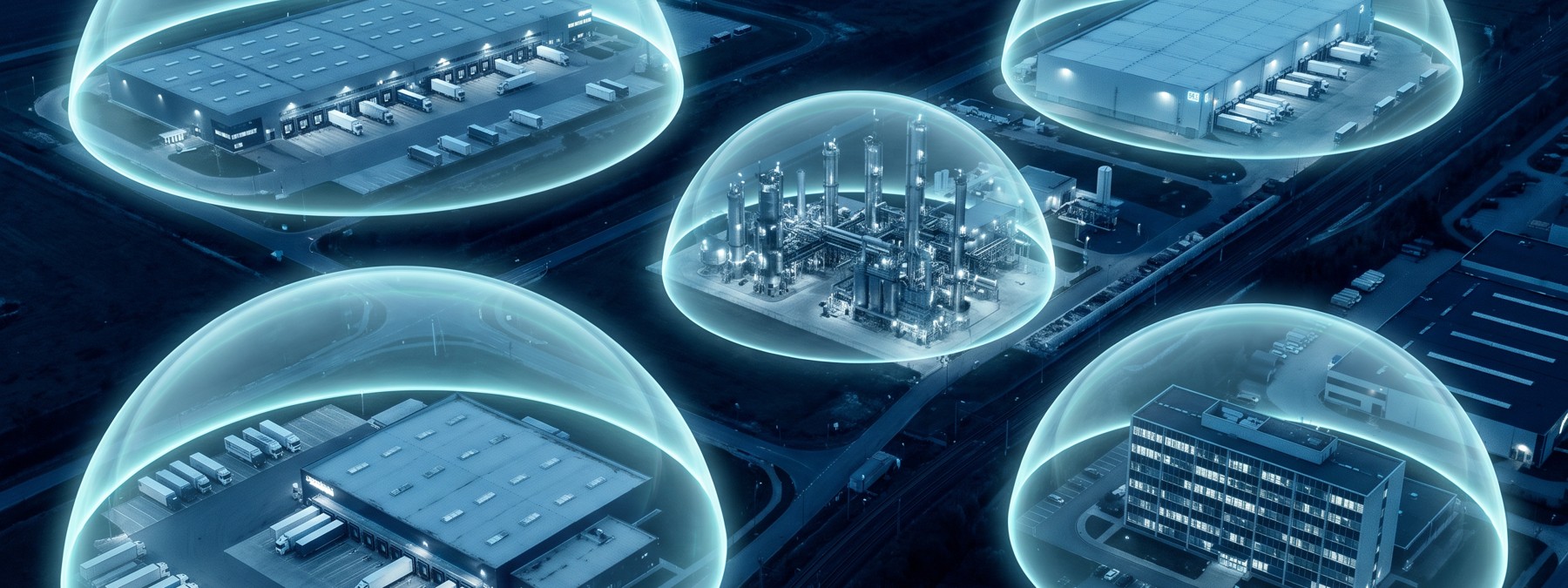 Five separate working sites at night, each under its own transparent Dome, each Dome sized to the site beneath it.