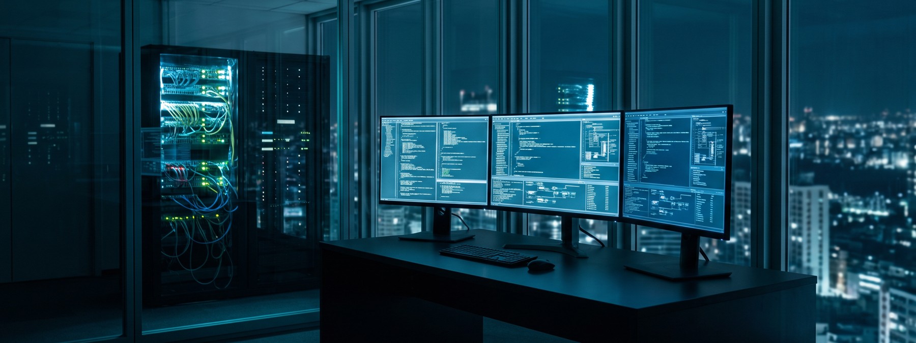 A modern engineering workspace at night: monitors running system dashboards, networking equipment behind glass.