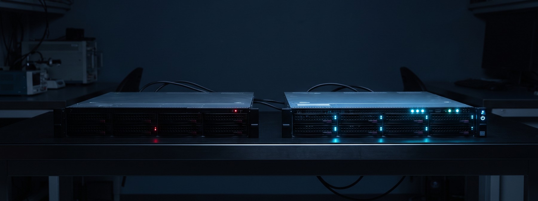 Two identical servers on one bench: the left one dark, the right one running with steady cool indicators.
