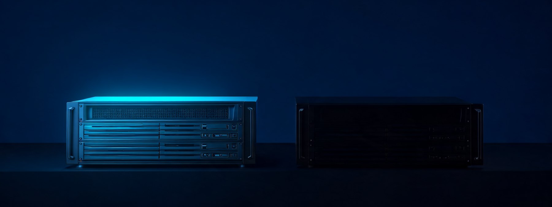 Two identical servers on a dark surface, lit as instruments: one in cold light, one in shadow.